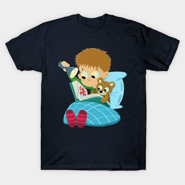 bedtime boy is reading a book with a teddy bear T-Shirt by duxpavlic